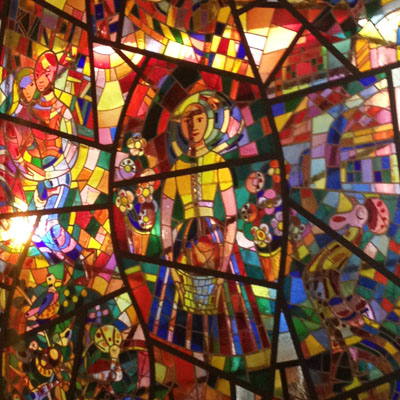 UNIQUE STAINED GLASS ASSEMBLY WITH THE TOPIC OF COUNTRYSIDE, PART OF THE CZECHOSLOVAK EXPOSITION ON WORLD’S FAIR - EXPO 1958, ARTIST: KAREL SVOLINSKÝ, 1958 (RESTORED 2012)